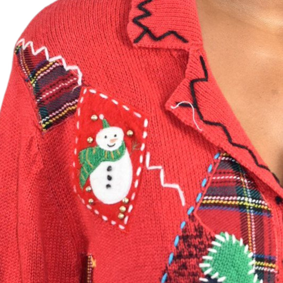 Designer Originals Ugly Christmas Cardigan Sweater Patchwork Plaid Snowman Large - Picture 4 of 16